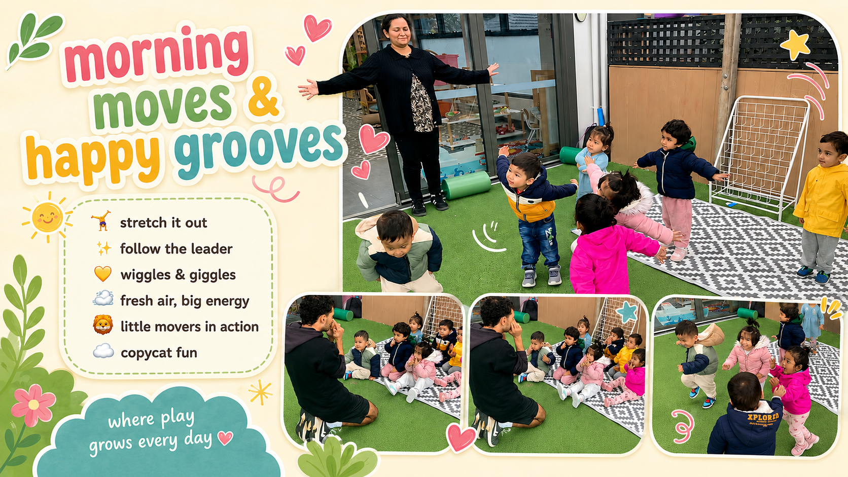Children enjoying morning movement and follow-the-leader activities at Spring Kids Early Learning Centre in Springvale South.